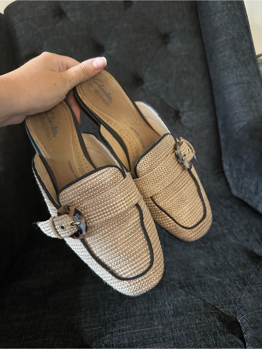 Clarks Beige Woven Slip-On Loafers with Decorative Buckle